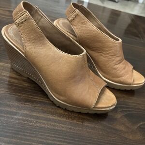 Sorel NWOT AFTER HOURS Wedge Sandals Leather Slingback Open Toe CAMEL Heels 6.5